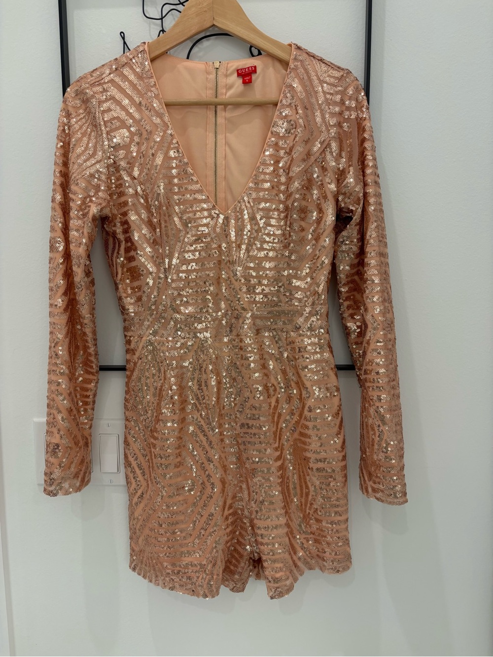 Guess Rose Gold Sequin Long Sleeve V-Neck Romper